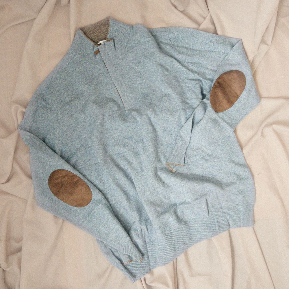 Gran Sasso Cashmere Wool Zip Sweater – Suede Elbow Patches – Made in Italy
